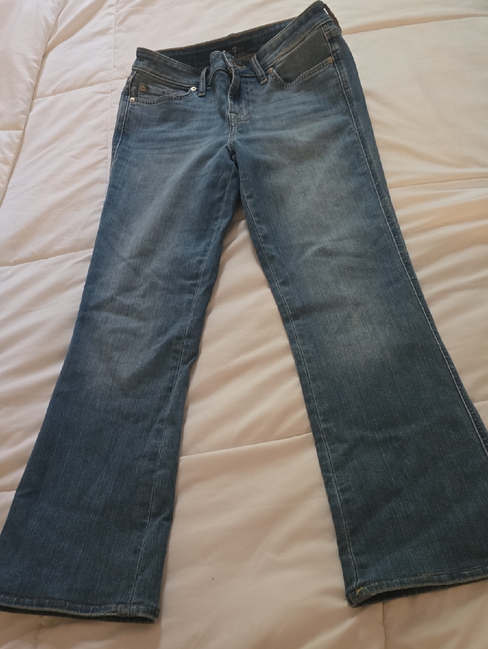 7 For All Mankind Women's Denim Flare Jeans in Medium Blue. Petite